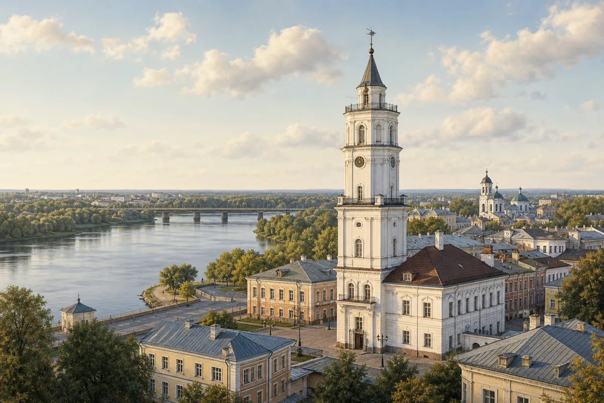 Illustration von Mogilev mit Rathaus und Dnepr